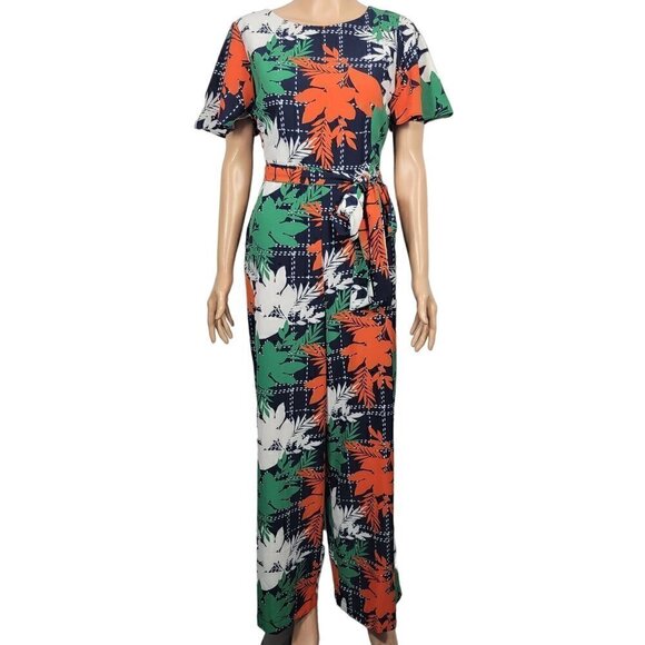 NY Collection Women's Navy Botanical Floral Jumpsuit With Waist Tie in a Size Me - Picture 1 of 16